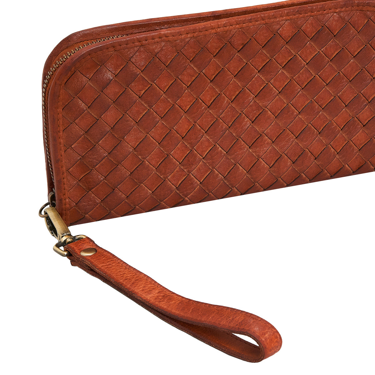 Washed Full Grain Woven Leather Full Zip Around Long Wallet