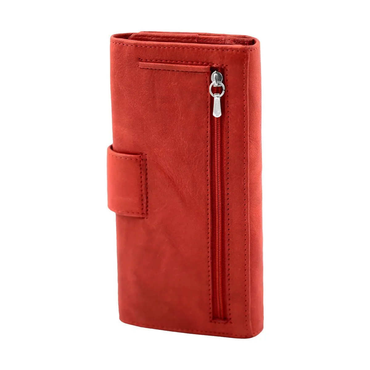 Vegetable Tanned Full Grain Leather Long Flap Button Wallet With Dual Zip Coin Pockets
