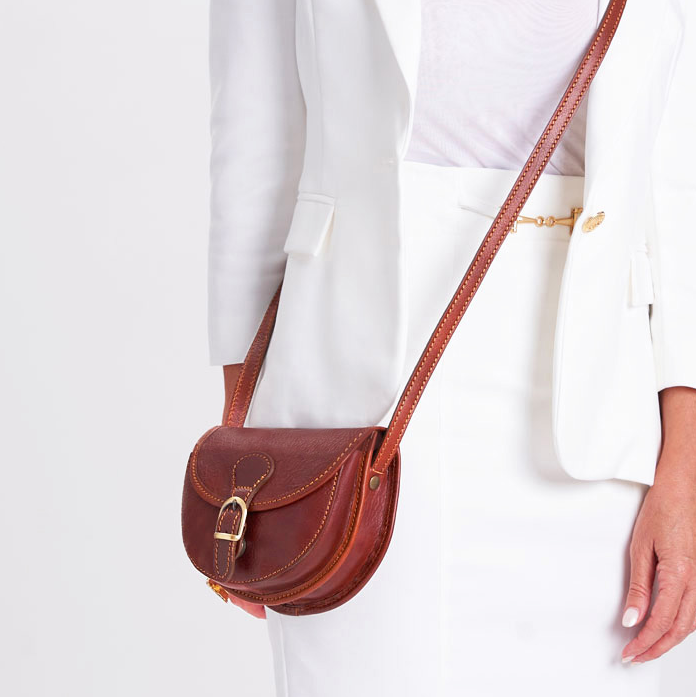 Semi-Rigid Vegetable Tanned Full Grain Leather Saddle Crossbody Bag With Suede Lining