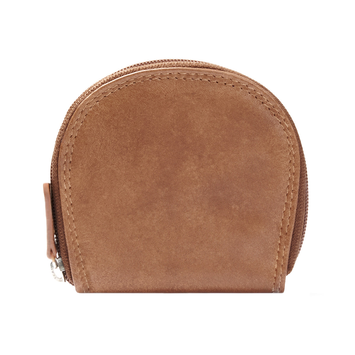 Rounded Full Grain Leather Zip Coin Purse With Natural Patina Texture