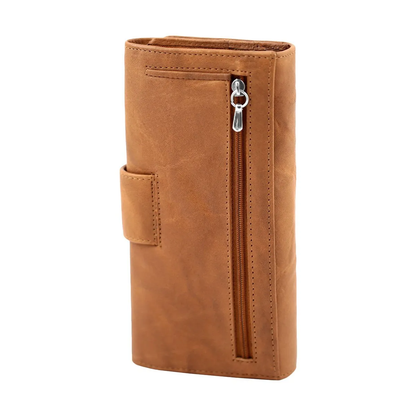 Vegetable Tanned Full Grain Leather Long Flap Button Wallet With Dual Zip Coin Pockets