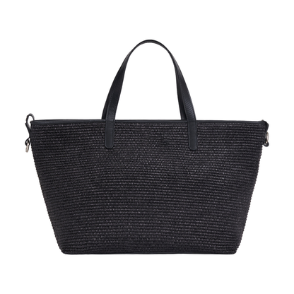 Leather & Raffia Large Capacity Convertible Tote Bag With Two Interchangeable Straps