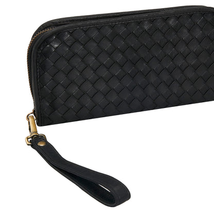 Washed Full Grain Woven Leather Full Zip Around Long Wallet