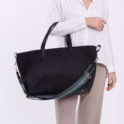 Leather & Raffia Large Capacity Convertible Tote Bag With Two Interchangeable Straps
