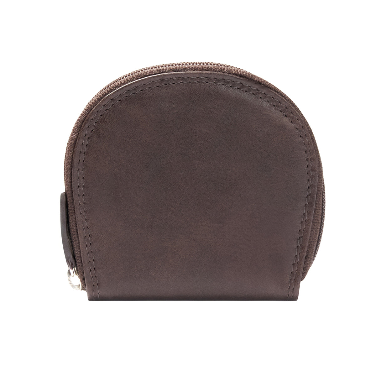 Rounded Full Grain Leather Zip Coin Purse With Natural Patina Texture