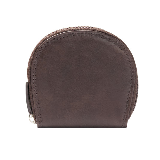 Rounded Full Grain Leather Zip Coin Purse With Natural Patina Texture