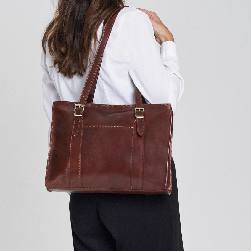 Semi-Rigid Vegetable Tanned Full Grain Leather Work Tote Bag With Front External Pocket