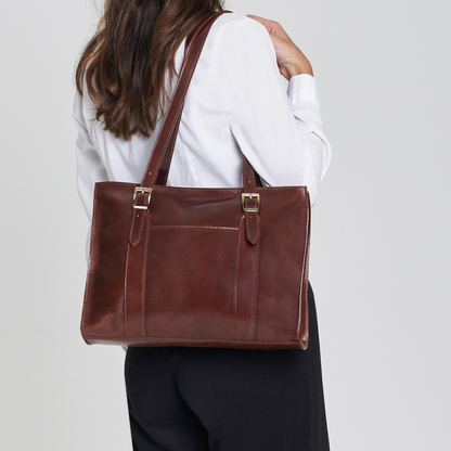Semi-Rigid Vegetable Tanned Full Grain Leather Work Tote Bag With Front External Pocket