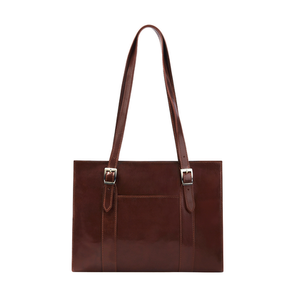 Semi-Rigid Vegetable Tanned Full Grain Leather Work Tote Bag With Front External Pocket