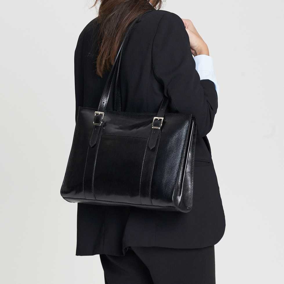 Semi-Rigid Vegetable Tanned Full Grain Leather Work Tote Bag With Front External Pocket