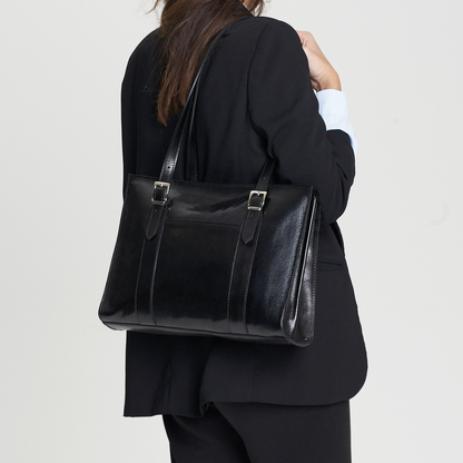 Semi-Rigid Vegetable Tanned Full Grain Leather Work Tote Bag With Front External Pocket