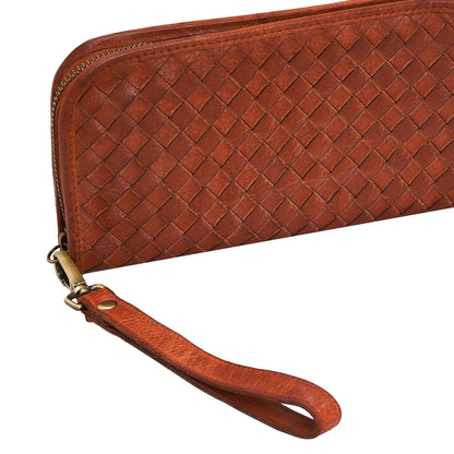 Washed Full Grain Woven Leather Full Zip Around Long Wallet