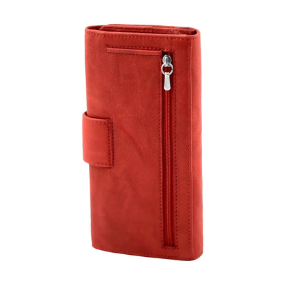 Vegetable Tanned Full Grain Leather Long Flap Button Wallet With Dual Zip Coin Pockets