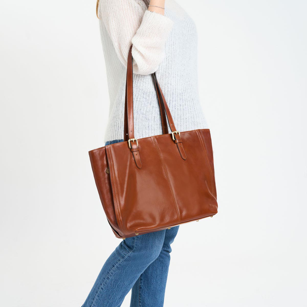 Semi-Rigid Vegetable Tanned Full Grain Leather Bucket Style Tote Bag