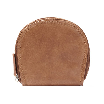 Rounded Full Grain Leather Zip Coin Purse With Natural Patina Texture