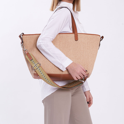 Leather & Raffia Large Capacity Convertible Tote Bag With Two Interchangeable Straps