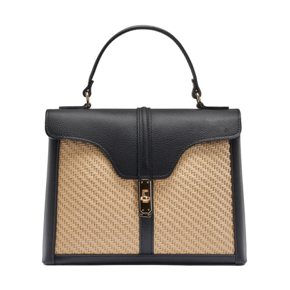 Raffia & Full Grain Leather Frame Top Handle Bag With Interchangeable Straps