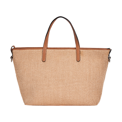 Leather & Raffia Large Capacity Convertible Tote Bag With Two Interchangeable Straps