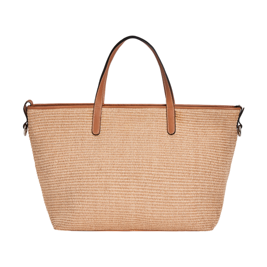 Leather & Raffia Large Capacity Convertible Tote Bag With Two Interchangeable Straps