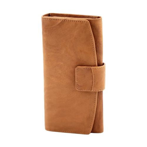 Vegetable Tanned Full Grain Leather Long Flap Button Wallet With Dual Zip Coin Pockets