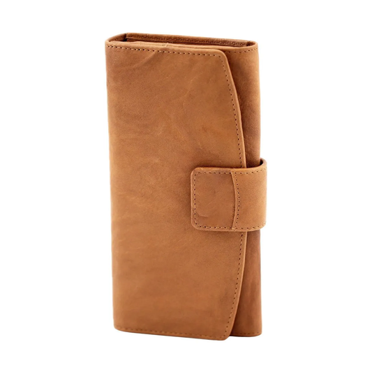 Vegetable Tanned Full Grain Leather Long Flap Button Wallet With Dual Zip Coin Pockets