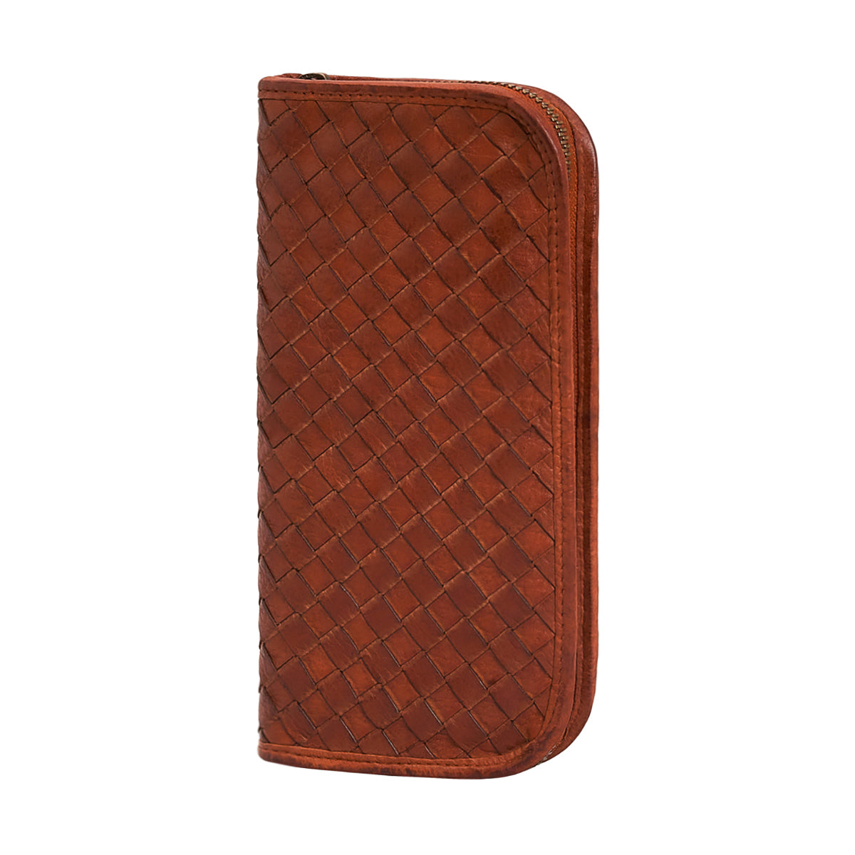 Washed Full Grain Woven Leather Full Zip Around Long Wallet