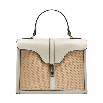 Raffia & Full Grain Leather Frame Top Handle Bag With Interchangeable Straps