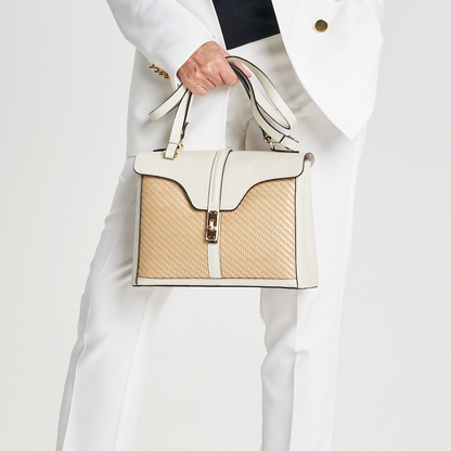 Raffia & Full Grain Leather Frame Top Handle Bag With Interchangeable Straps